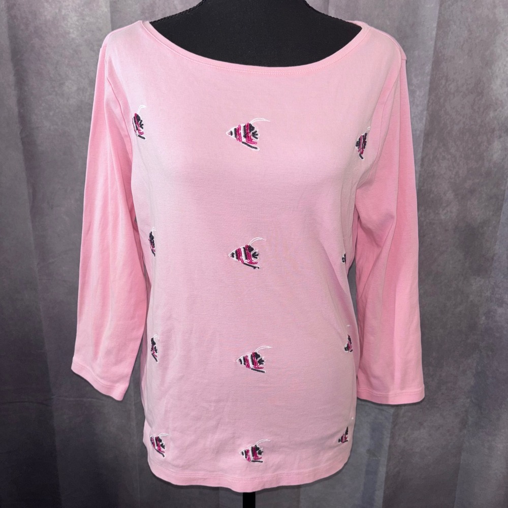 Talbots Women Large Pink Tropical Fish‎ Sequin Top Preppy Coastal Beachy